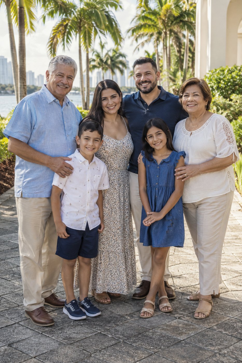 Escena de abuelos, padres e hijos reunidos en un jardín.