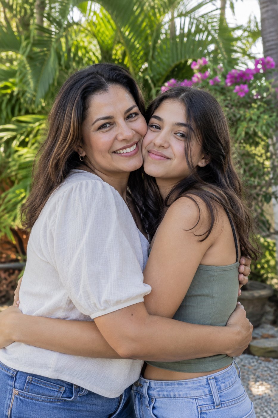 Escena de un abrazo entre madre e hija en un jardín.
