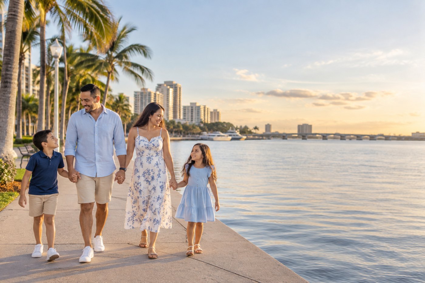Escena de una familia caminando junto al agua y las palmeras.