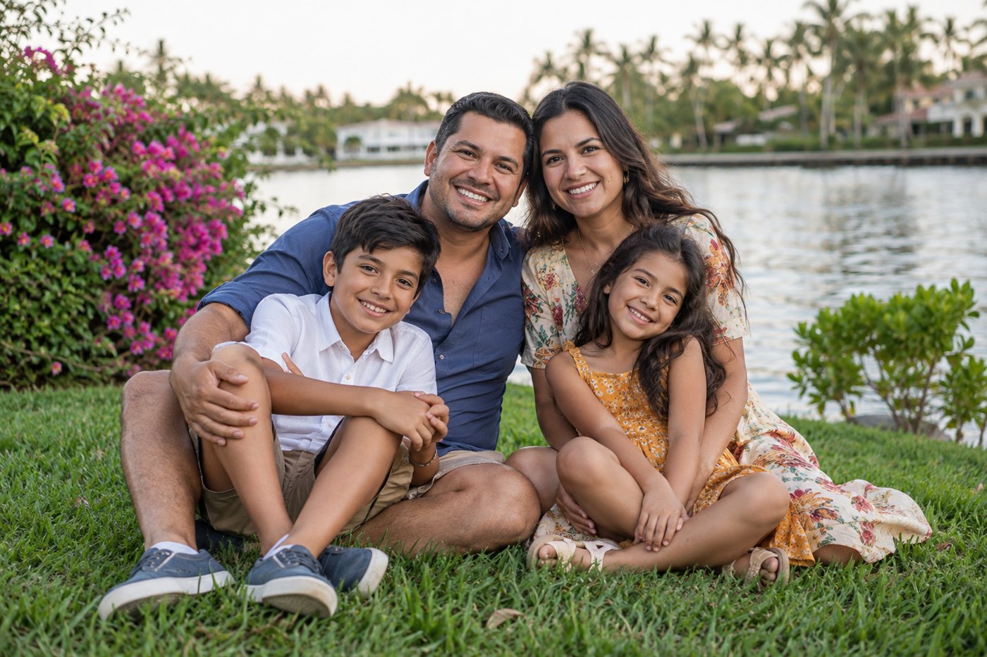 Idea familiar: dos adultos y dos niños juntos en un jardín junto al agua.