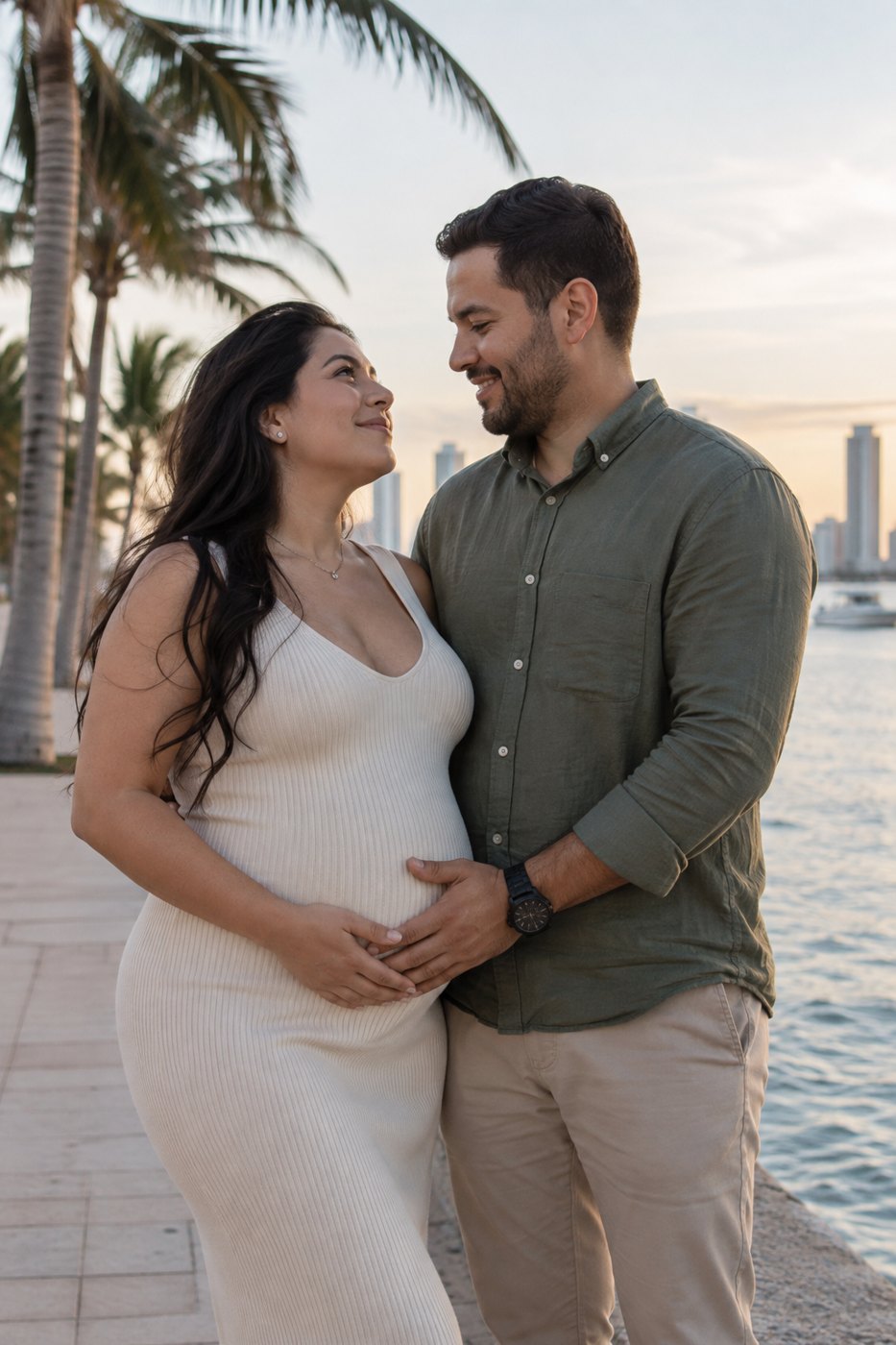 Escena de una pareja durante el embarazo junto al agua.