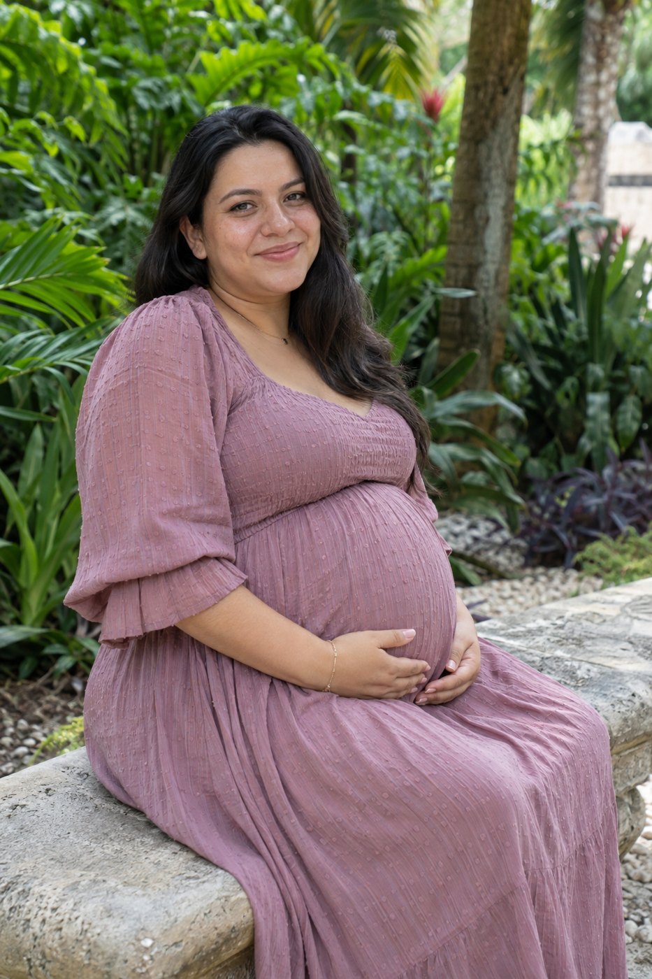 Idea de sesión: Un momento para ti. Jardín tropical · sentada.