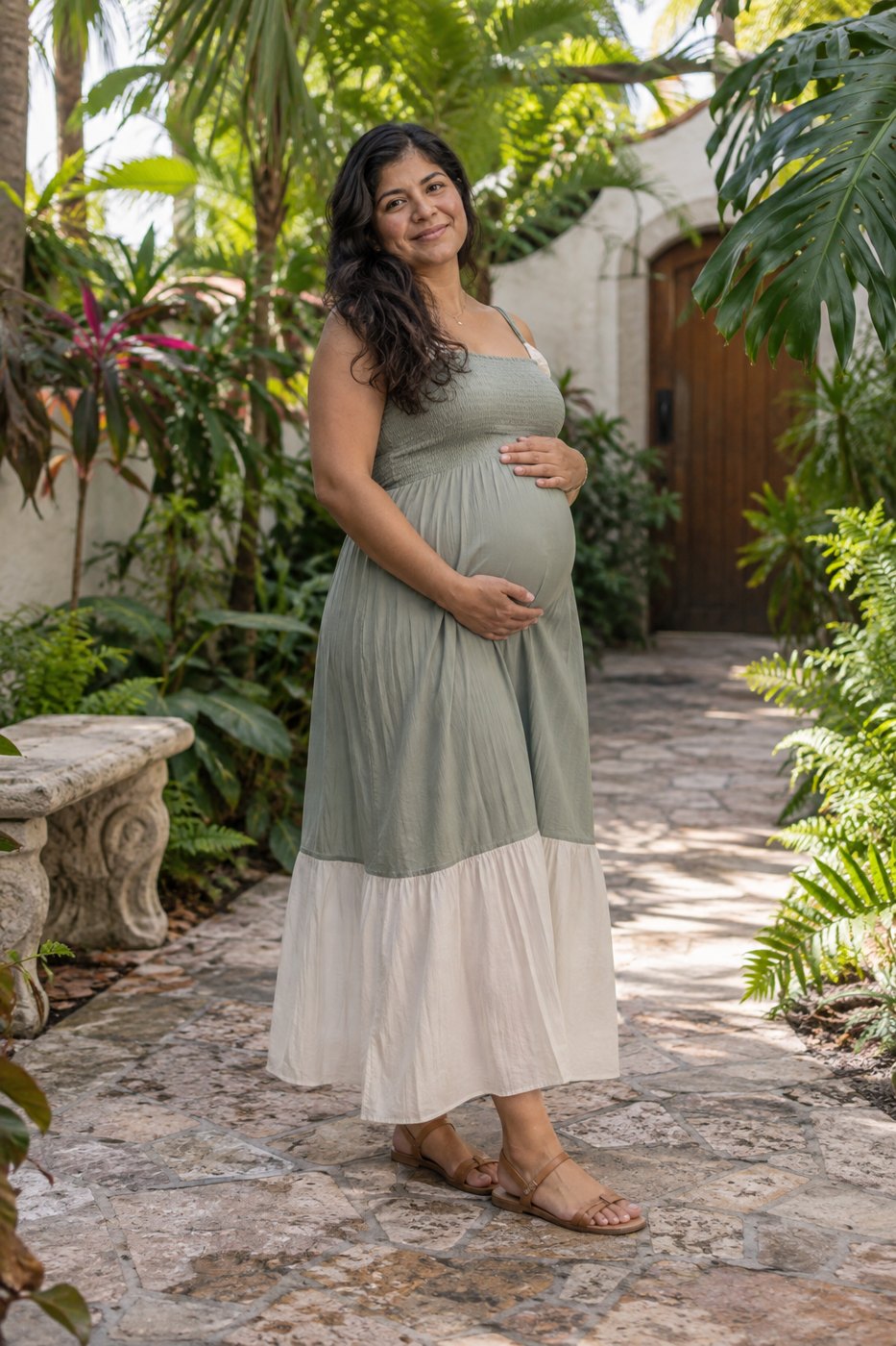 Idea de maternidad: mujer embarazada en un patio tropical.